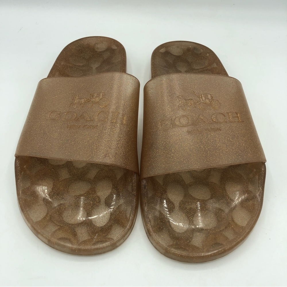 Coach Ulyssa Dark Gold Glitter Clear Slide Sandals Be… Gem